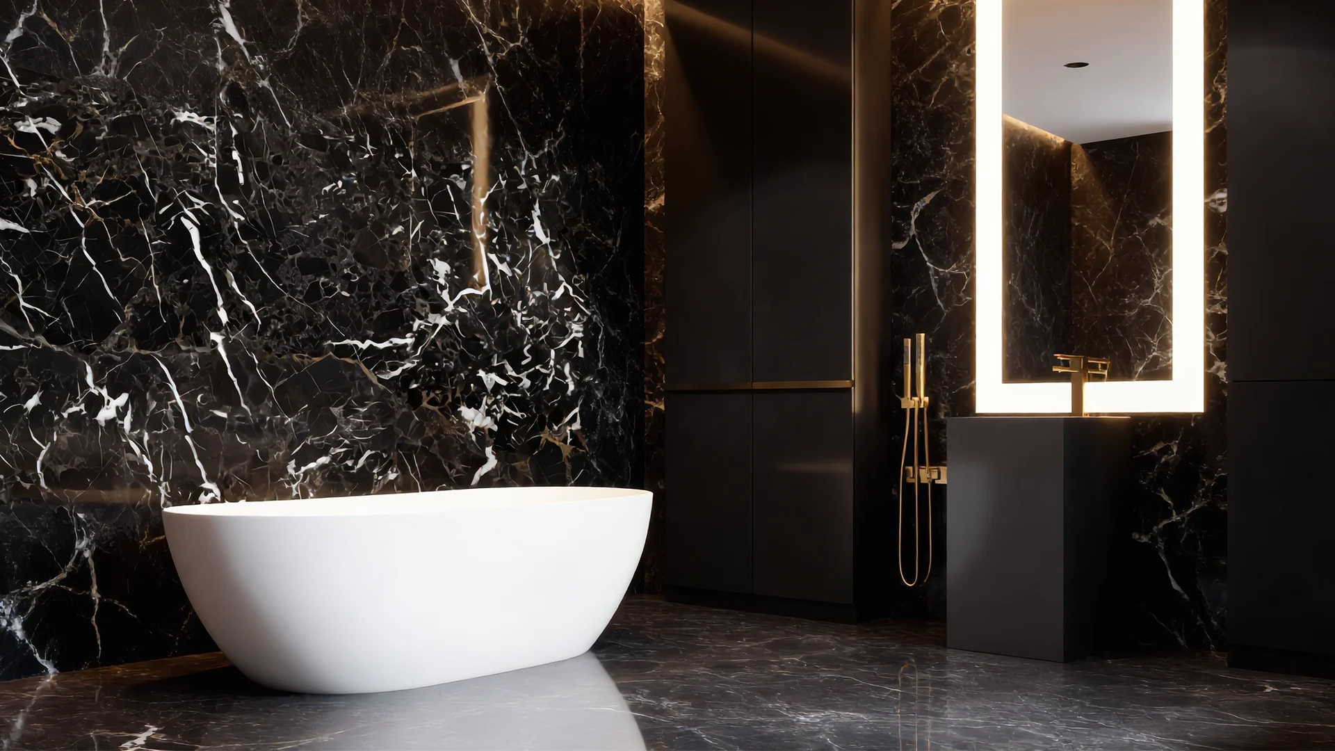 Limra Doğal Taş Bruno Perla mermer banyo kaplaması ve lüks lavabo tezgahı tasarımı.
