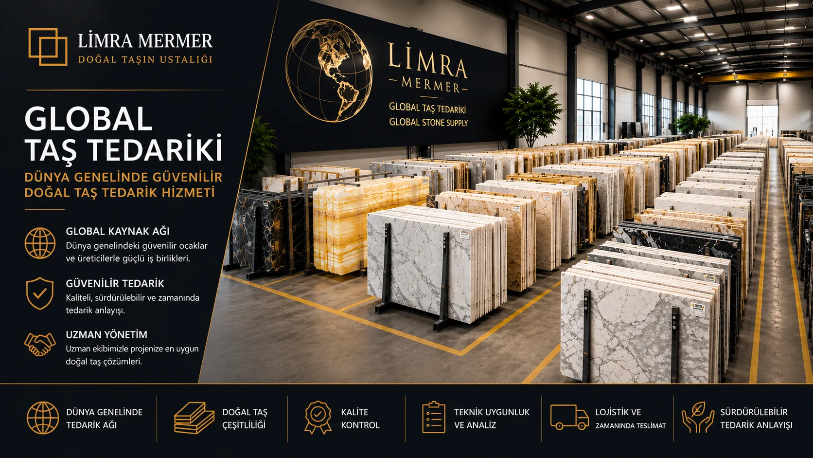 Limra Mermer'in dünya genelindeki doğal taş tedarik ağı, seçkin mermer plakaları ve uluslararası lojistik süreçlerini temsil eden görsel.