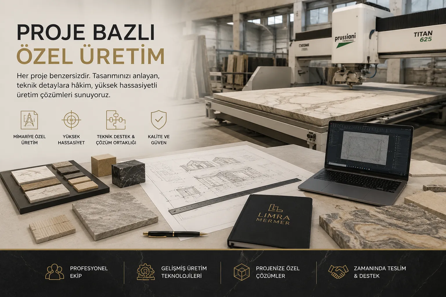 Limra Mermer'in proje bazlı özel üretim hizmeti kapsamında CNC işleme, doğal taş numuneleri ve mimari proje planlamasını gösteren görsel.