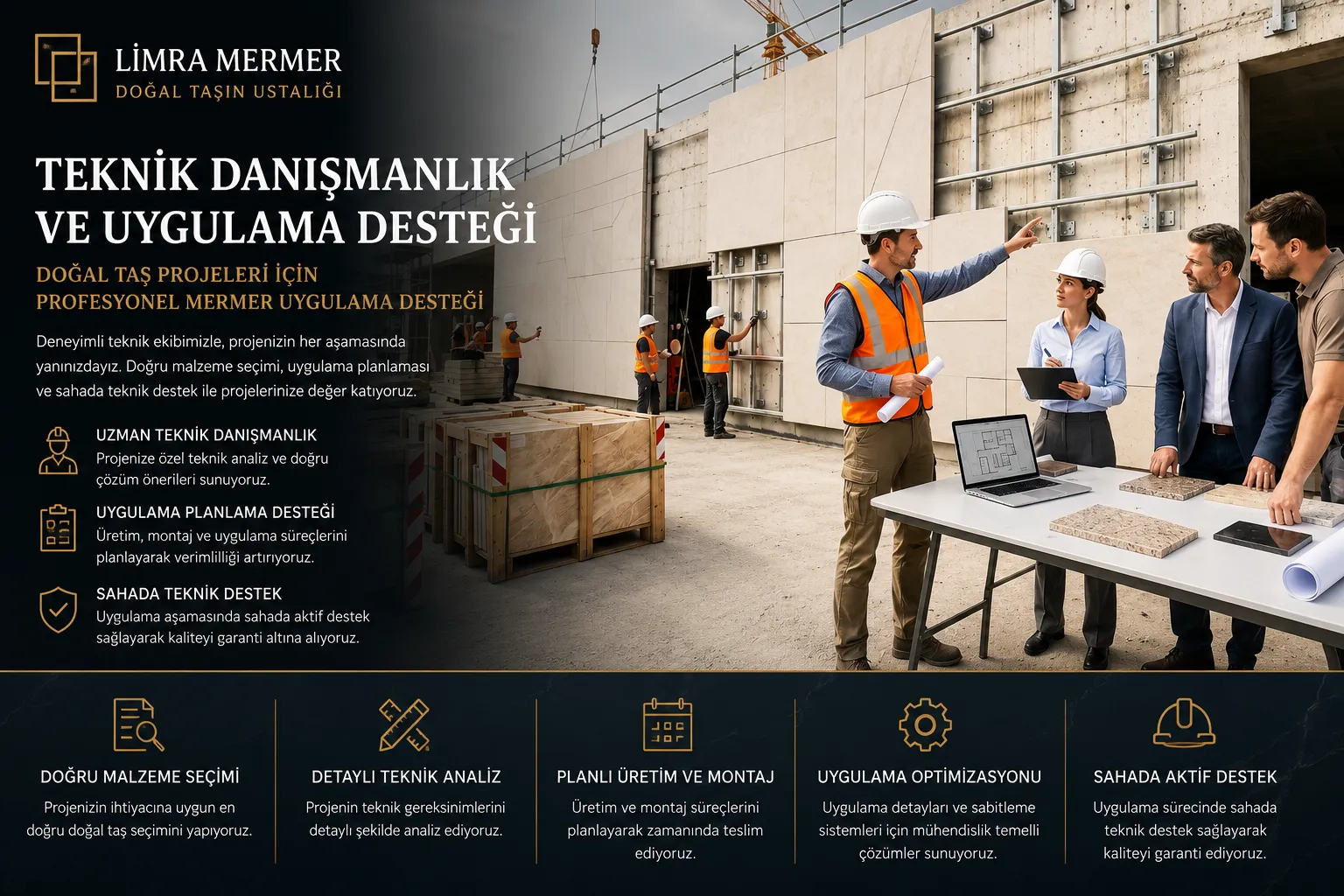 Limra Mermer'in doğal taş projelerinde teknik danışmanlık, uygulama planlaması ve sahada mühendislik desteği sunduğunu gösteren görsel.