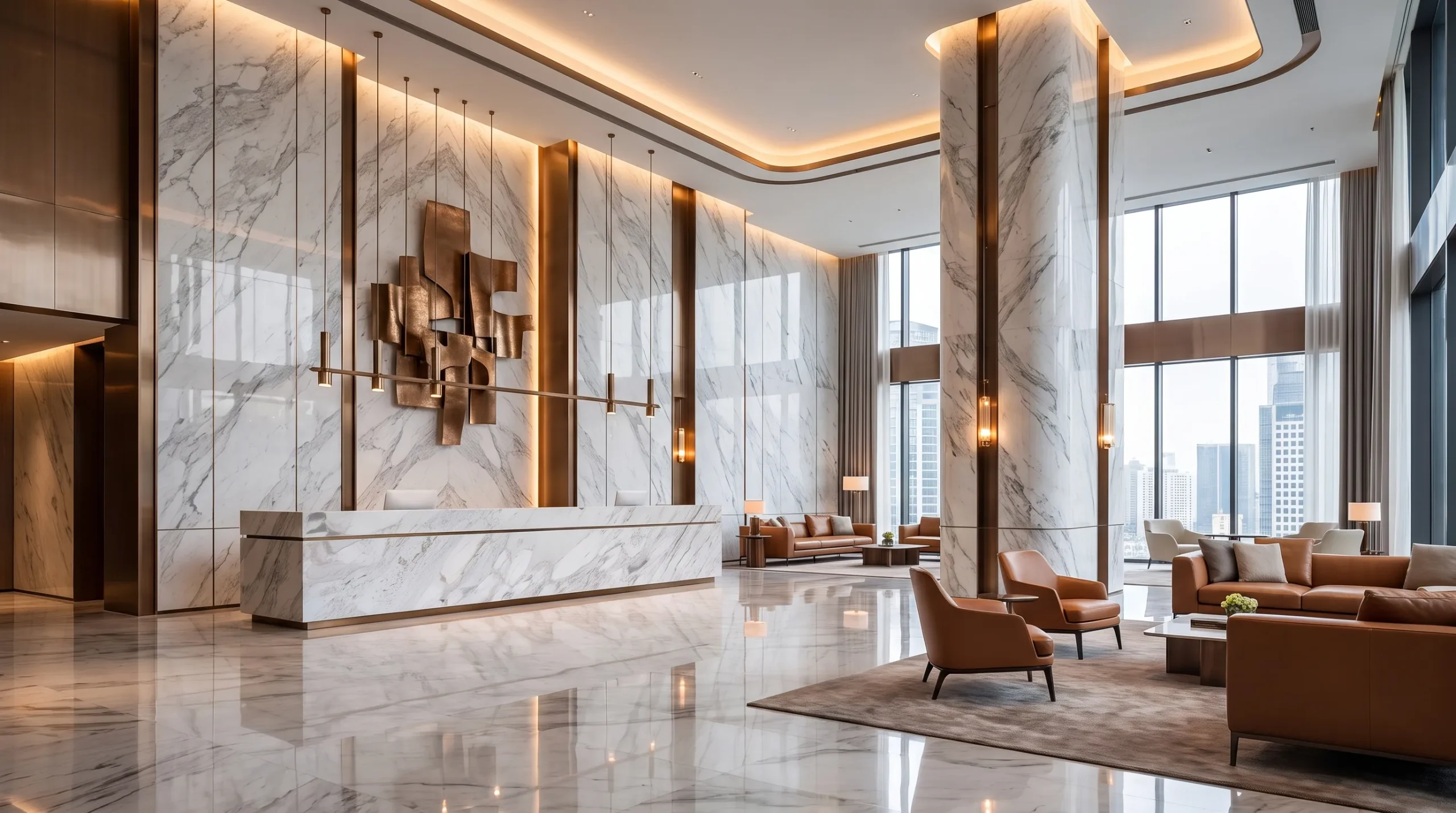 Lüks otel lobisinde büyük ebatlı mermer ve doğal taş kaplamalarla tasarlanmış modern iç mekân.