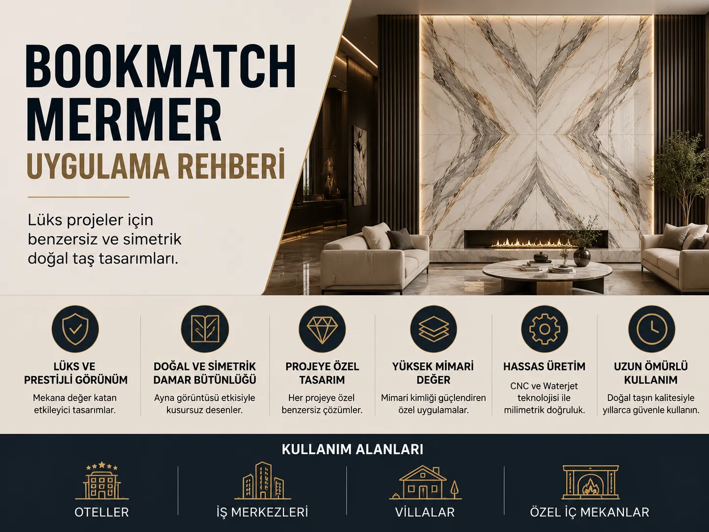 Bookmatch mermer uygulama örneği ve simetrik doğal taş damar yapısını gösteren lüks iç mekân tasarımı infografiği.