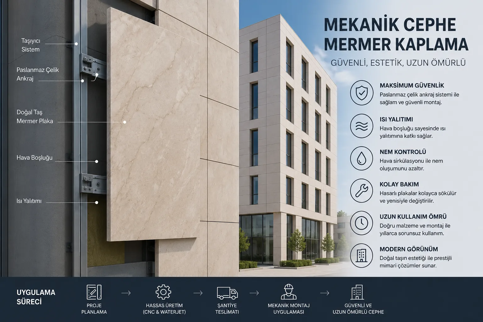 Mekanik cephe mermer kaplama sistemi, paslanmaz çelik ankraj detayları ve doğal taş cephe uygulamasını gösteren infografik.