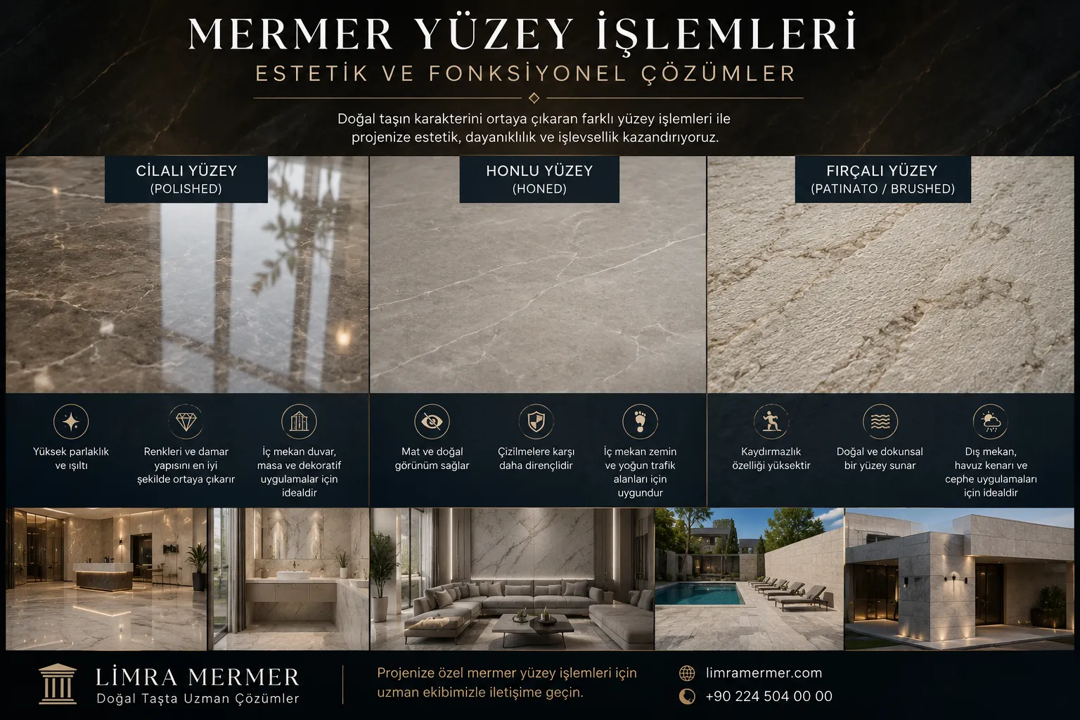 Mermer yüzey işlemleri infografiği; cilalı, honlu ve fırçalı doğal taş yüzeylerin özelliklerini ve kullanım alanlarını gösteriyor.