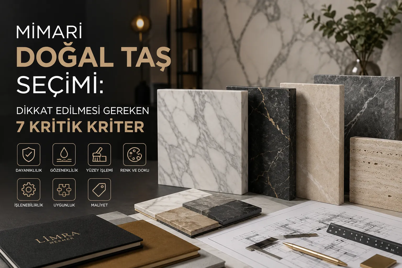 Mimari doğal taş seçimi için mermer ve doğal taş numunelerinin karşılaştırıldığı tasarım çalışma alanı.